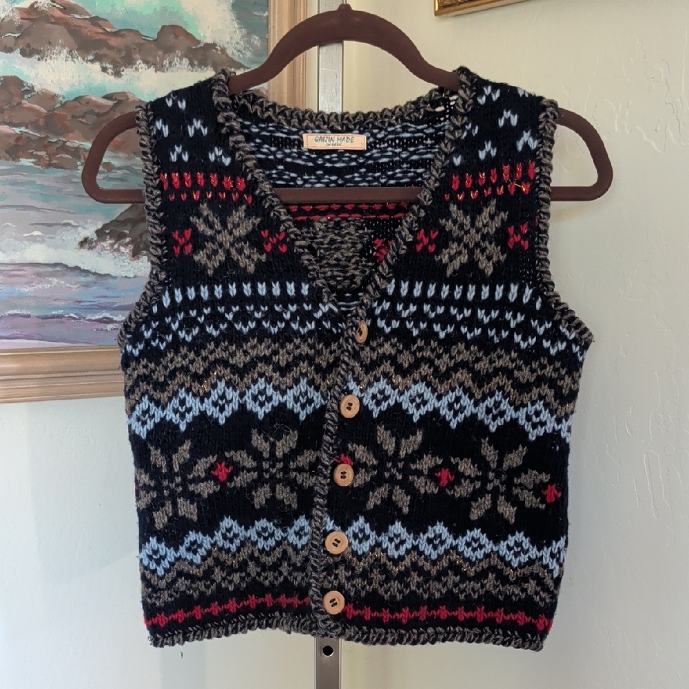 Molly Bracken Black, Gray, Light Blue, Red Fair Isle Knit V-Neck Sweater Vest